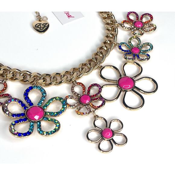 NEW Betsey Johnson FLOWER BIB NECKLACE Gold Tone Curb Chain Crystal Rhinestone - Picture 4 of 9